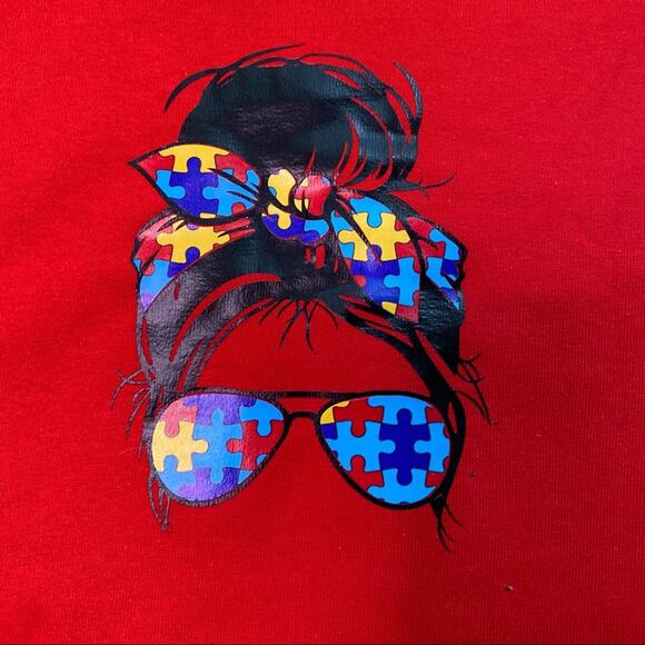 Messy Bun Autism Awareness Red Tee Medium - Picture 1 of 8
